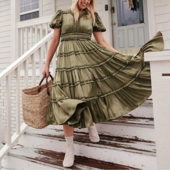 JESSAKAE x THE FOOD NANNY Liz Ruffle Tiered Puff Sleeve Midi Dress in Olive - Picture 1 of 12